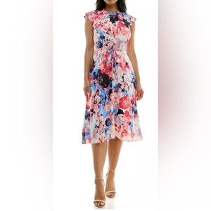 Nina Leonard Sleeveless Floral Maxi Dress in Pink, Blue & Cream